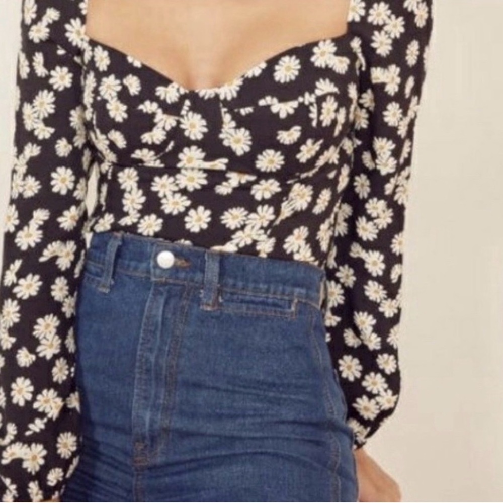 Reformation Reign Daisy Top Black Floral Puff Sleeve Crop Top Size 0